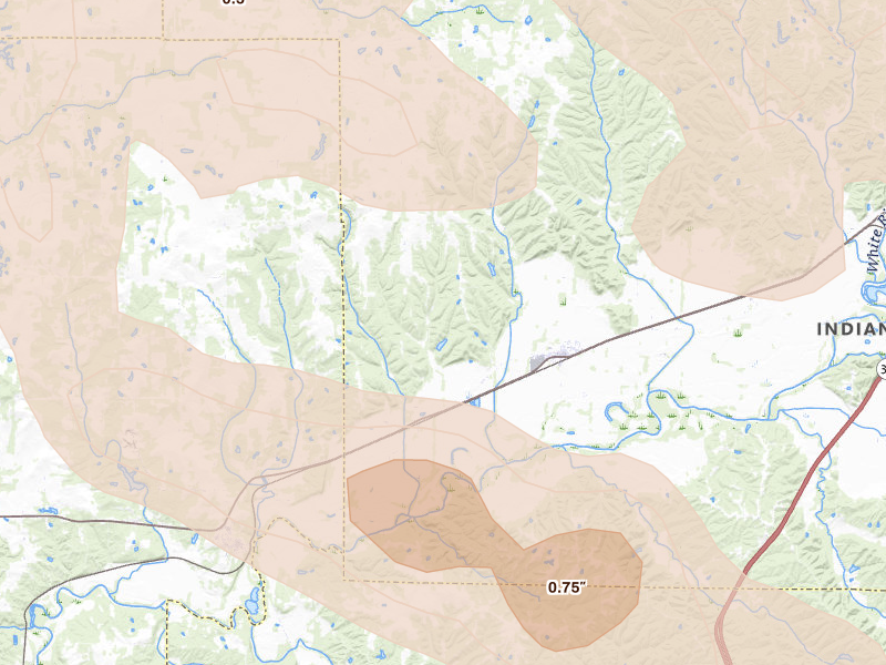 Radar-estimated hail-size map of the storm over Paragon, IN on Aug 11, 2026