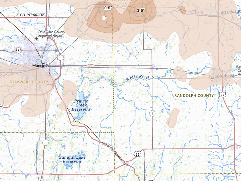 Radar-estimated hail-size map of the storm over Parker City, IN on Mar 22, 2026