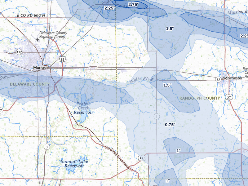 NEXRAD radar-signature map of the hail storm over Parker City, IN on Mar 22, 2026
