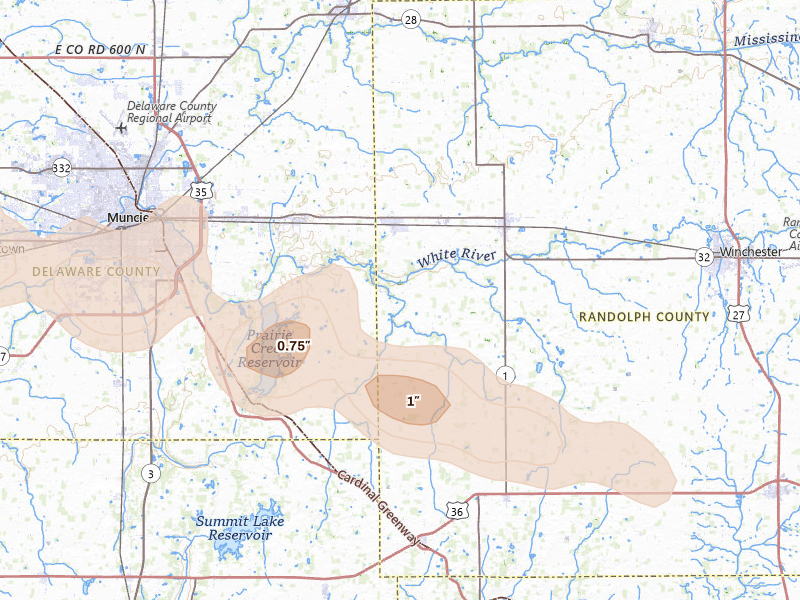 Radar-estimated hail-size map of the storm over Parker City, IN on Mar 26, 2026