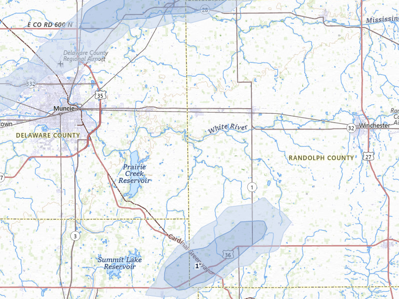 NEXRAD radar-signature map of the hail storm over Parker City, IN on Jul 3, 2026