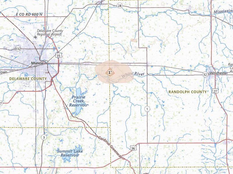 Radar-estimated hail-size map of the storm over Parker City, IN on Jul 10, 2026