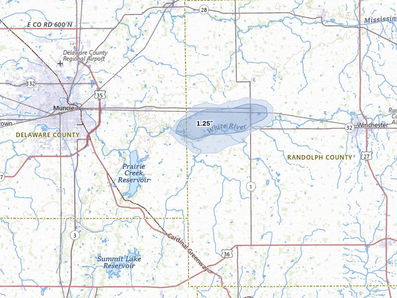 NEXRAD radar-signature map of the hail storm over Parker City, IN on Jul 10, 2026