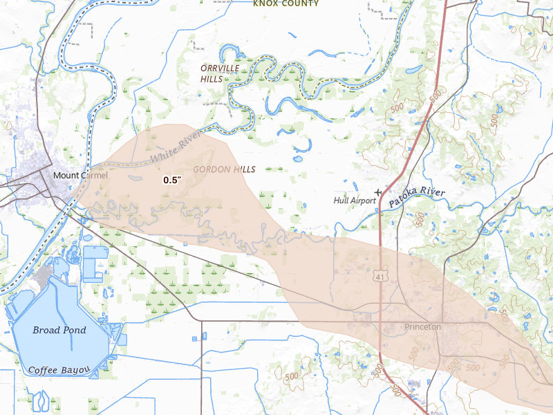 Radar-estimated hail-size map of the storm over Patoka, IN on Jun 25, 2026