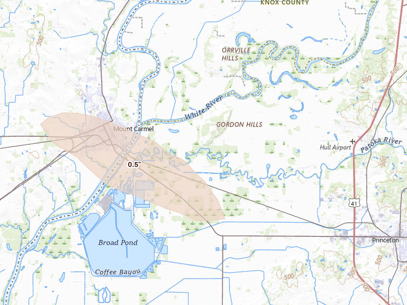 Radar-estimated hail-size map of the storm over Patoka, IN on Aug 12, 2026