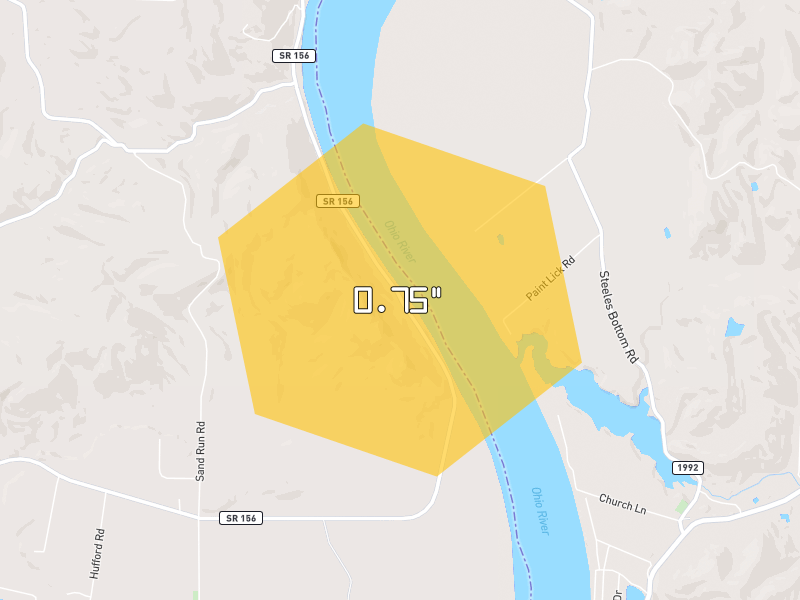 Hail map of Patriot, IN on Jul 28, 2026, hail up to 0.75"
