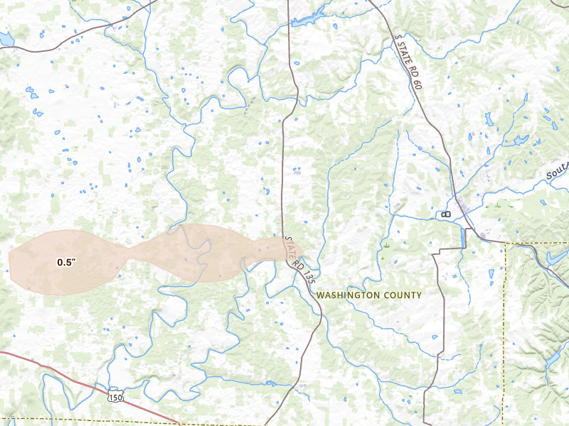 Radar-estimated hail-size map of the storm over Pekin, IN on Mar 4, 2026
