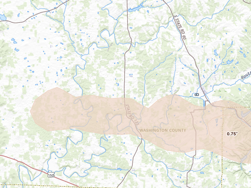 Radar-estimated hail-size map of the storm over Pekin, IN on Jul 21, 2026