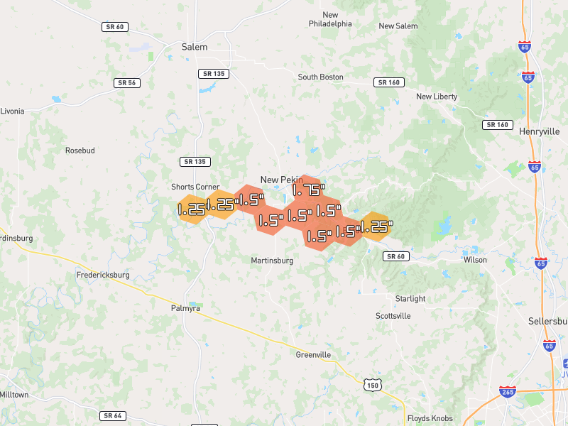Hail map of Pekin, IN on Jul 21, 2026, hail up to 1.75"
