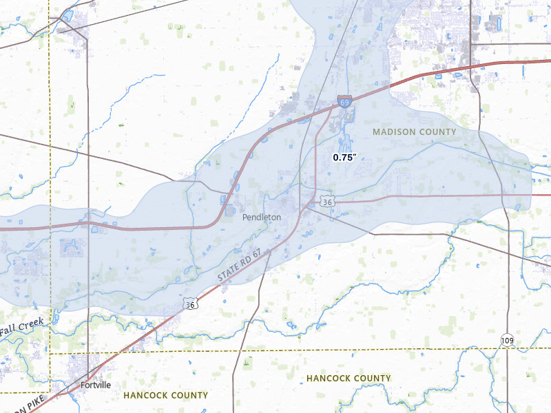 NEXRAD radar-signature map of the hail storm over Pendleton, IN on Mar 22, 2026