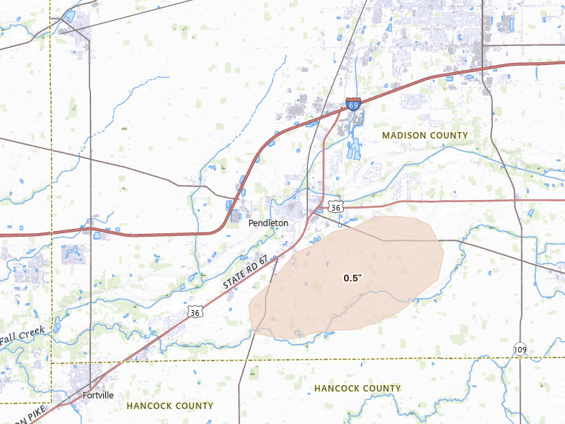 Radar-estimated hail-size map of the storm over Pendleton, IN on Apr 14, 2026