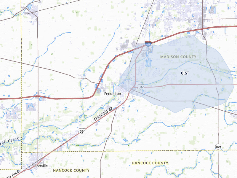 NEXRAD radar-signature map of the hail storm over Pendleton, IN on May 15, 2026