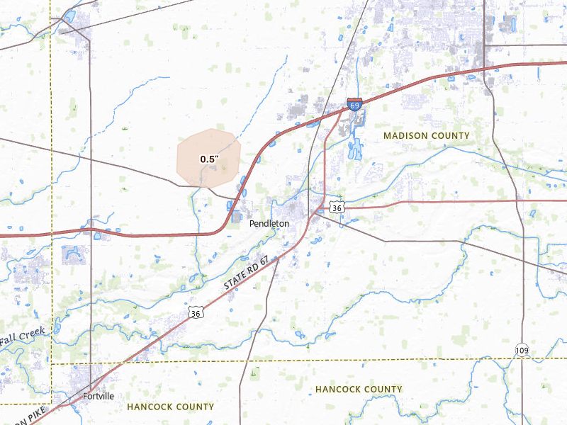Radar-estimated hail-size map of the storm over Pendleton, IN on Jul 4, 2026