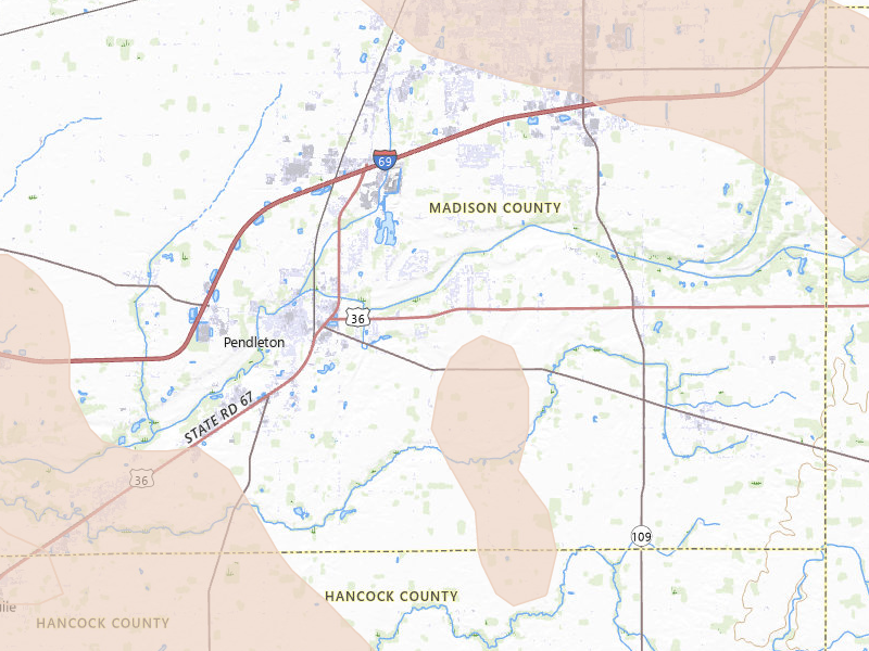 Radar-estimated hail-size map of the storm over Pendleton, IN on Aug 11, 2026