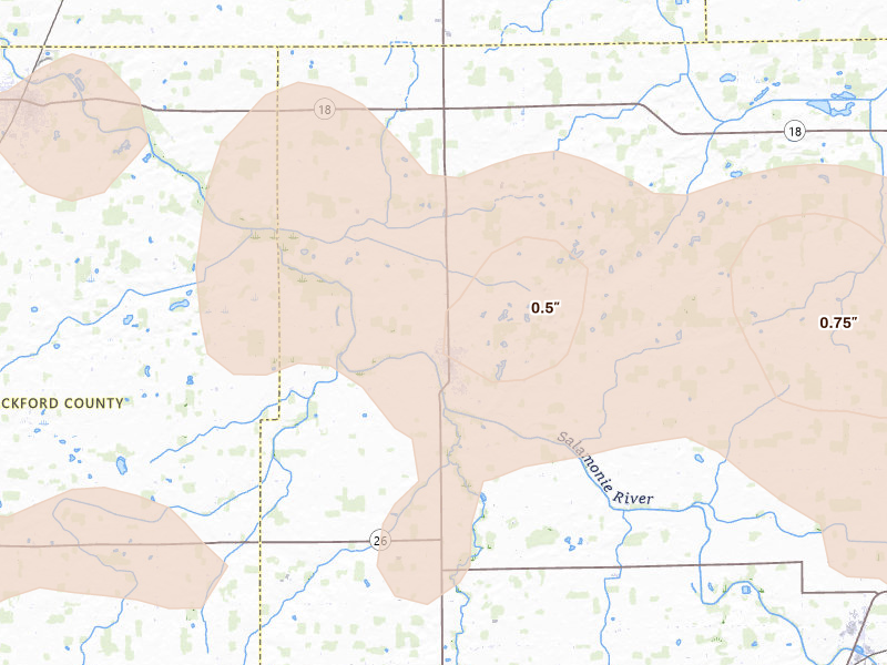 Radar-estimated hail-size map of the storm over Pennville, IN on Mar 22, 2026