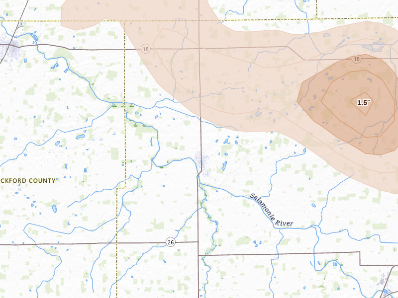 Radar-estimated hail-size map of the storm over Pennville, IN on Mar 26, 2026