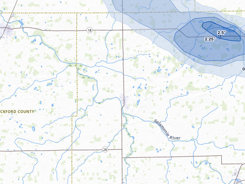 NEXRAD radar-signature map of the hail over Pennville, IN