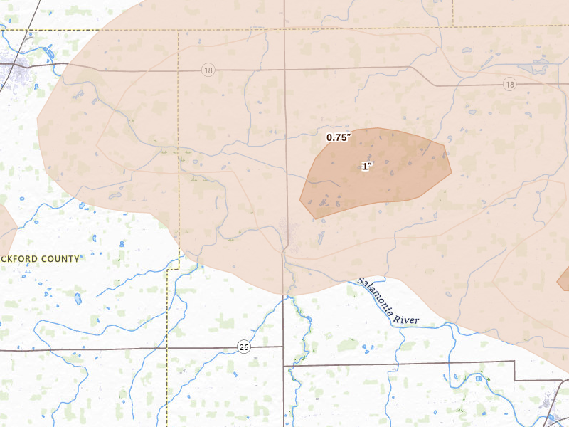 Radar-estimated hail-size map of the storm over Pennville, IN