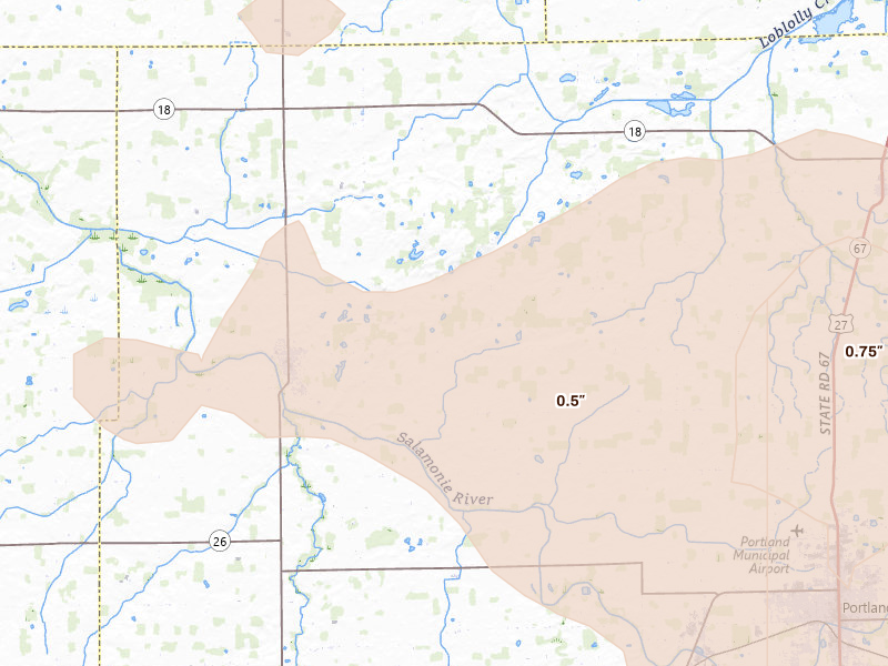 Radar-estimated hail-size map of the storm over Pennville, IN on Aug 10, 2026