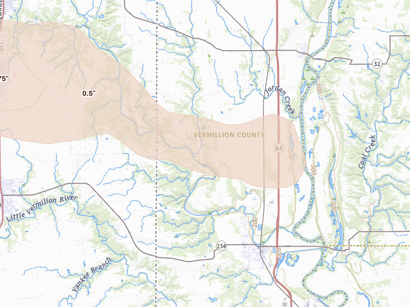 Radar-estimated hail-size map of the storm over Perrysville, IN on Jun 16, 2026