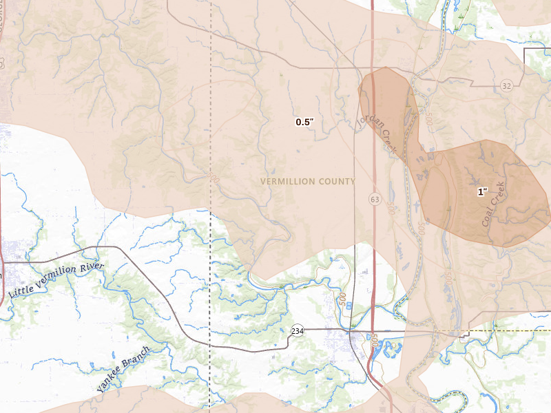 Radar-estimated hail-size map of the storm over Perrysville, IN on Aug 11, 2026