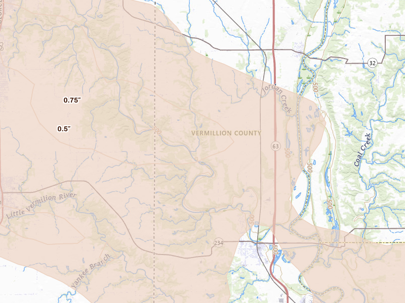 Radar-estimated hail-size map of the storm over Perrysville, IN on Aug 13, 2026