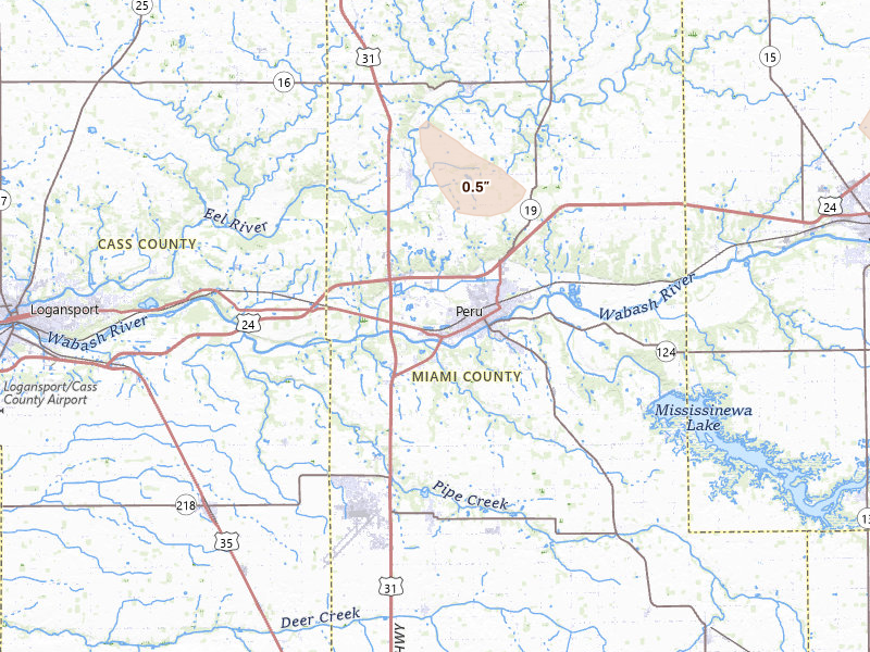 Radar-estimated hail-size map of the storm over Peru, IN on Apr 22, 2026