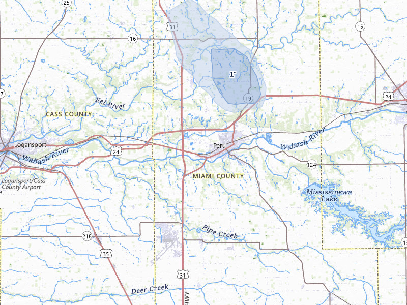 NEXRAD radar-signature map of the hail storm over Peru, IN on Apr 22, 2026