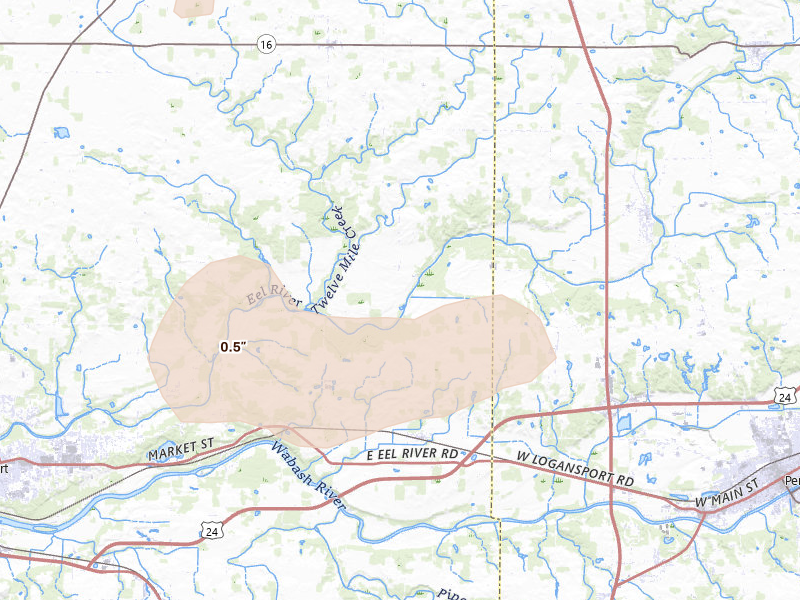 Radar-estimated hail-size map of the storm over Peru, IN on Aug 10, 2026