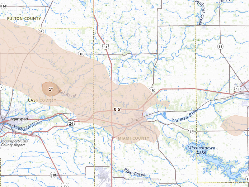 Radar-estimated hail-size map of the storm over Peru, IN on Aug 11, 2026