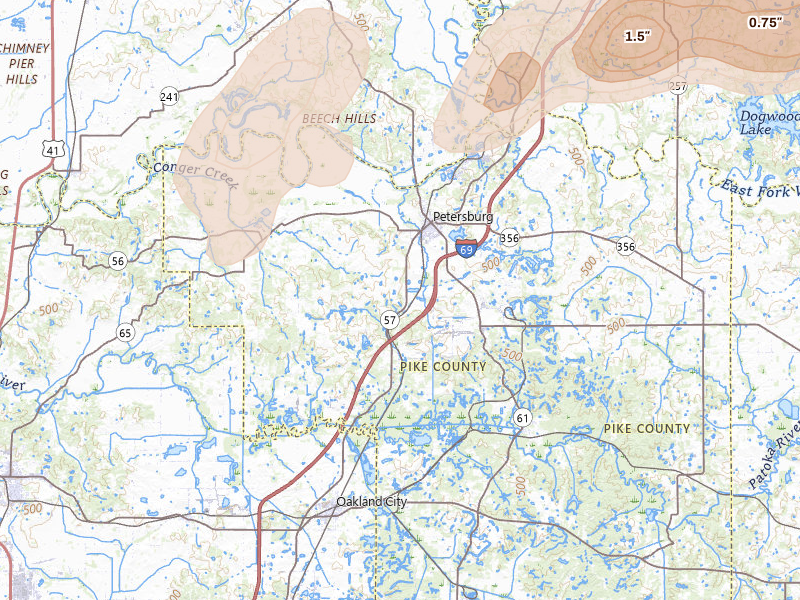 Radar-estimated hail-size map of the storm over Petersburg, IN on May 16, 2026