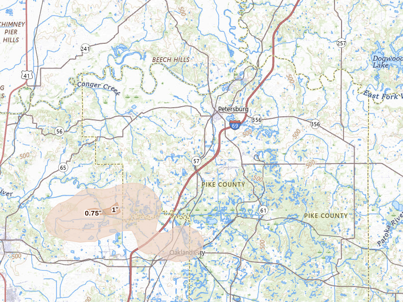 Radar-estimated hail-size map of the storm over Petersburg, IN on Jun 27, 2026