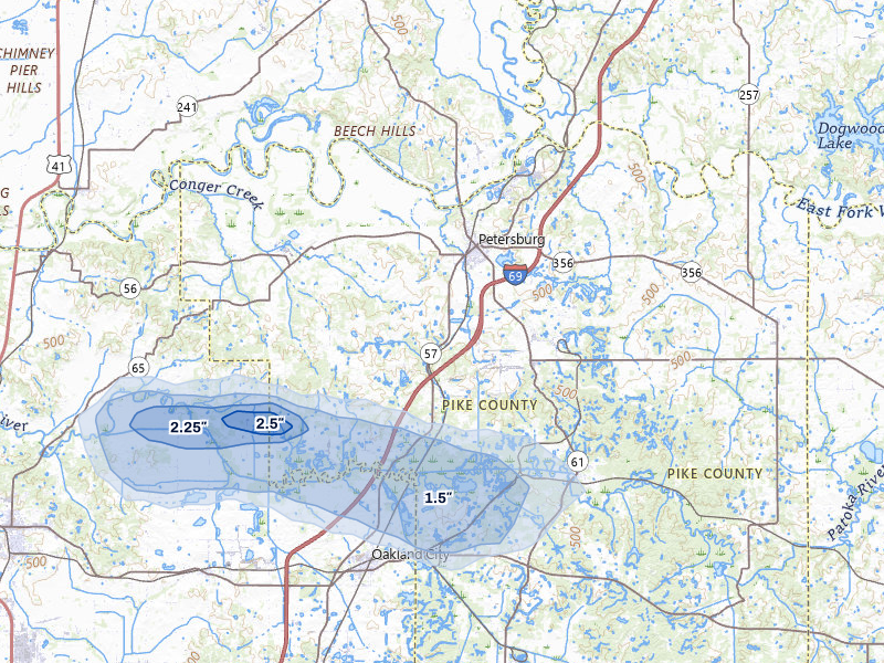 NEXRAD radar-signature map of the hail storm over Petersburg, IN on Jun 27, 2026