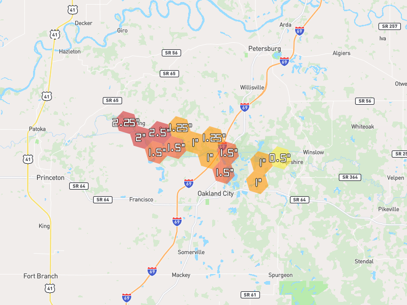 Hail map of Petersburg, IN on Jun 27, 2026, hail up to 2.5"