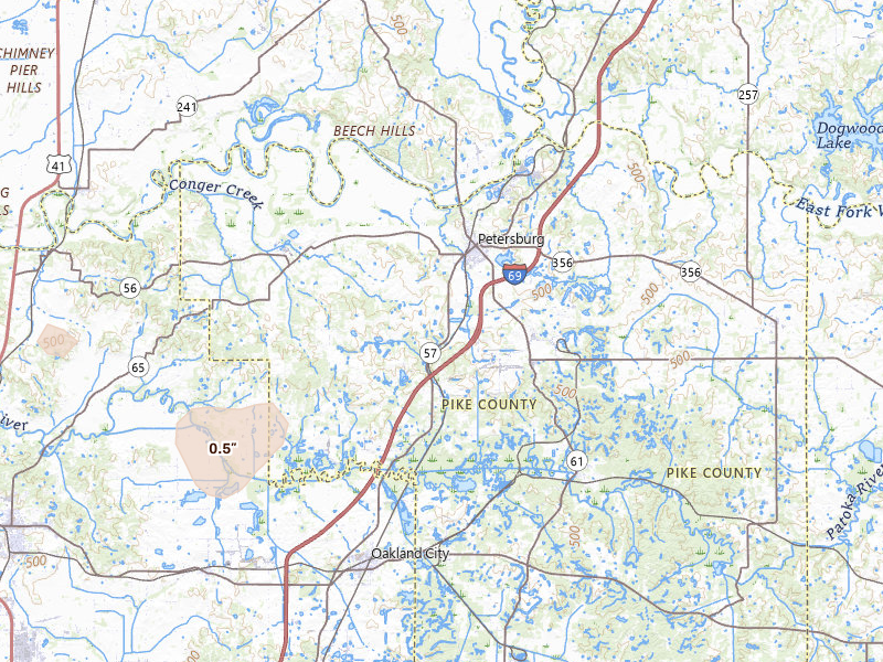 Radar-estimated hail-size map of the storm over Petersburg, IN on Jul 9, 2026