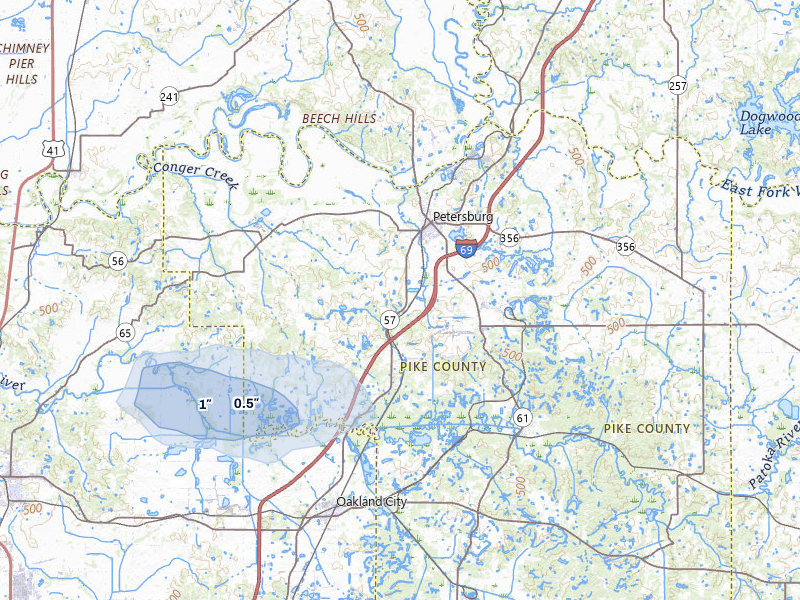 NEXRAD radar-signature map of the hail storm over Petersburg, IN on Jul 9, 2026