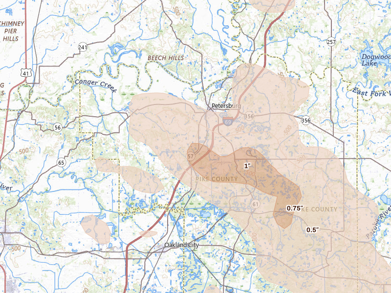 Radar-estimated hail-size map of the storm over Petersburg, IN on Aug 12, 2026