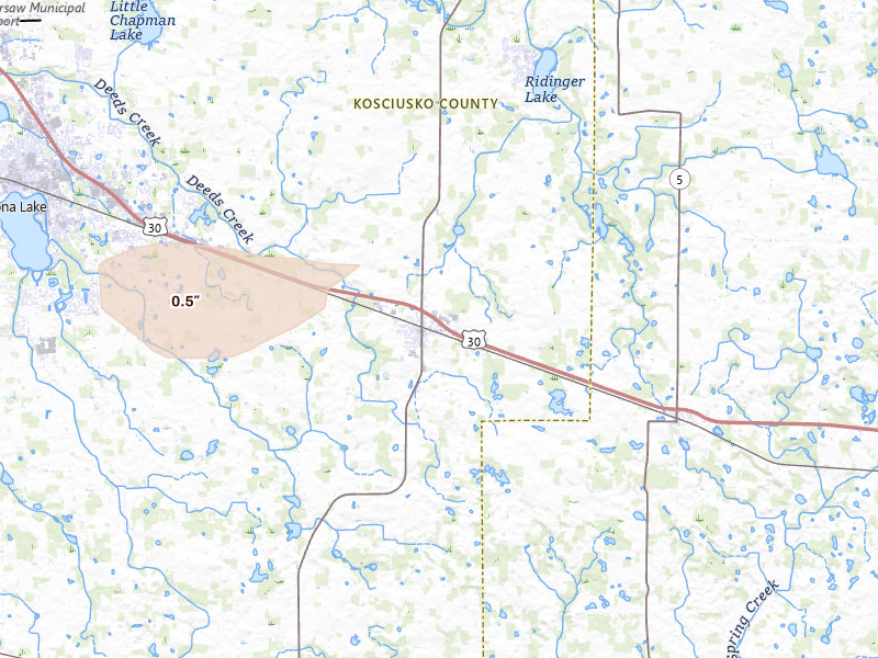 Radar-estimated hail-size map of the storm over Pierceton, IN on Apr 22, 2026