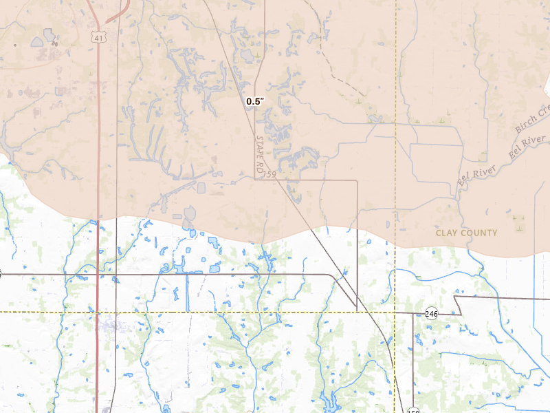Radar-estimated hail-size map of the storm over Pimento, IN on Jun 17, 2026
