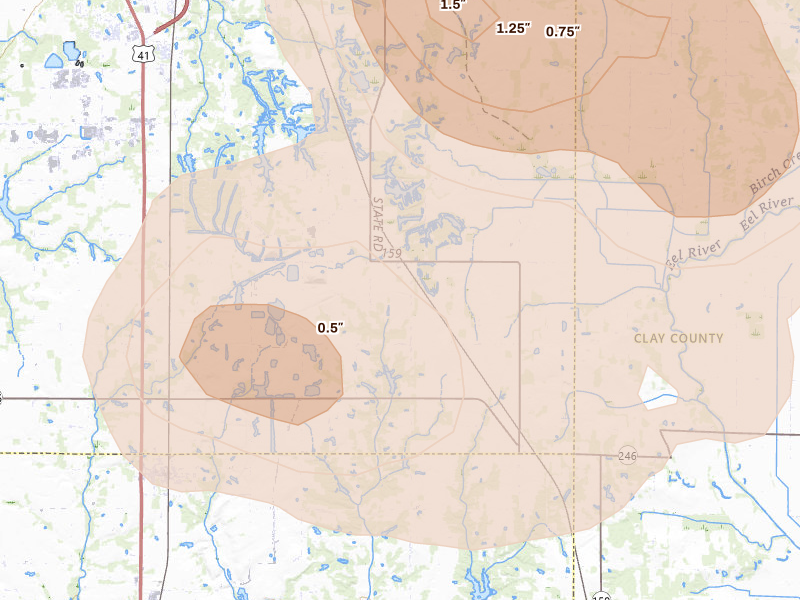 Radar-estimated hail-size map of the storm over Pimento, IN on Aug 11, 2026