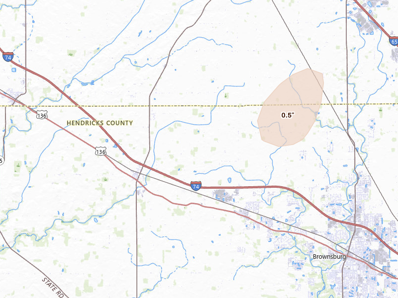 Radar-estimated hail-size map of the storm over Pittsboro, IN on May 4, 2026