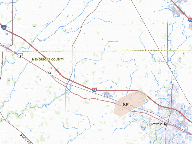 Radar-estimated hail-size map of the storm over Pittsboro, IN on Jun 9, 2026