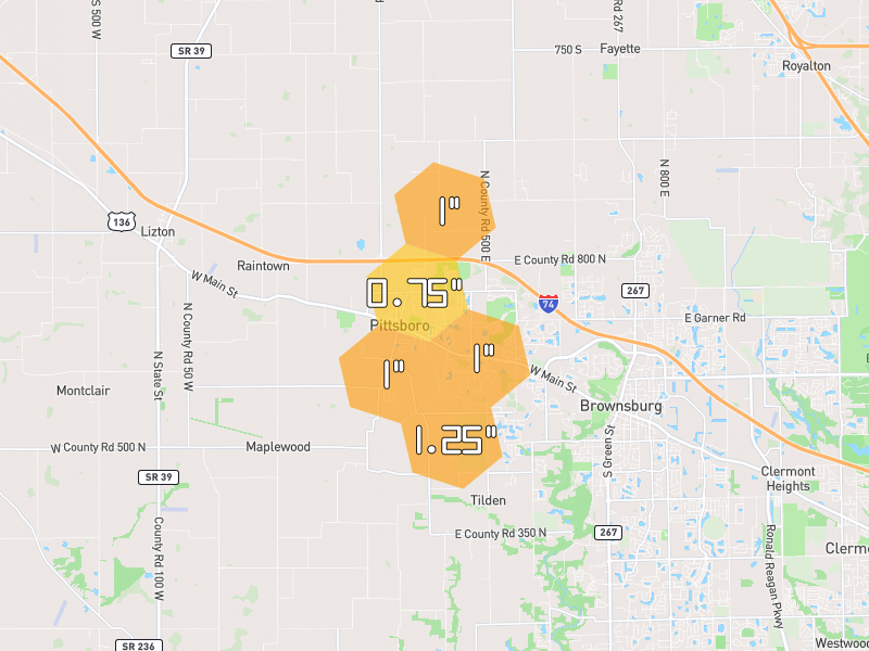Hail map of Pittsboro, IN on Jun 9, 2026, hail up to 1.25"