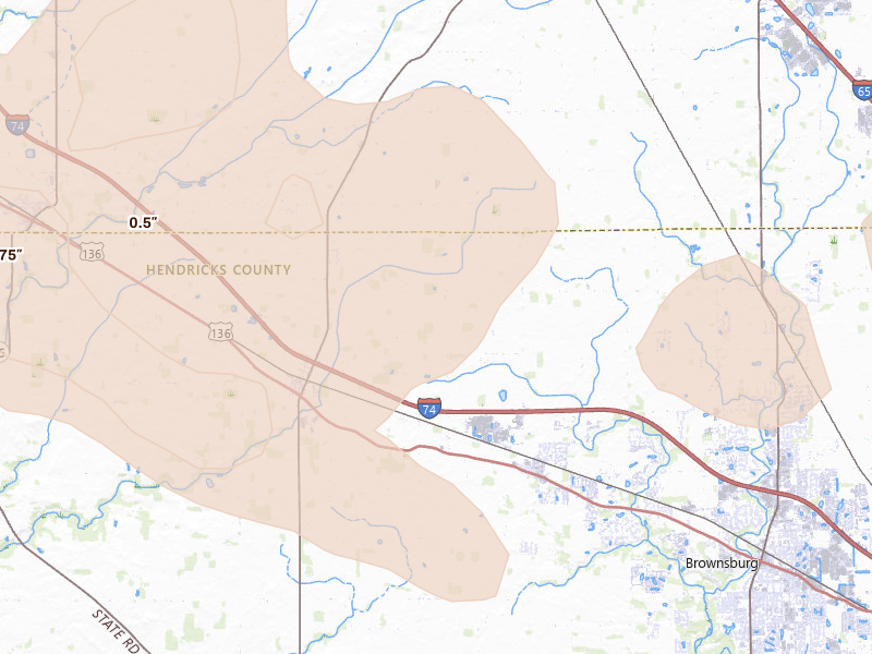 Radar-estimated hail-size map of the storm over Pittsboro, IN on Aug 11, 2026