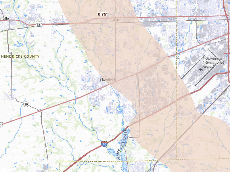 Radar-estimated hail-size map of the storm over Plainfield, IN on Jul 27, 2026