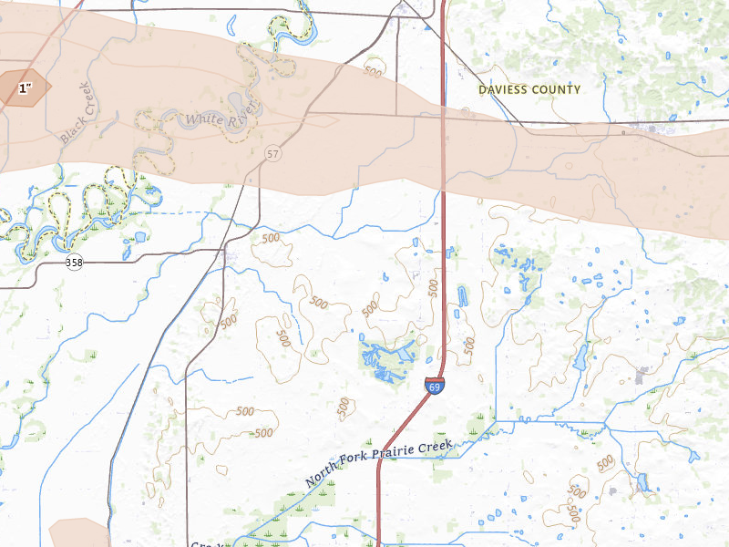 Radar-estimated hail-size map of the storm over Plainville, IN on Mar 4, 2026