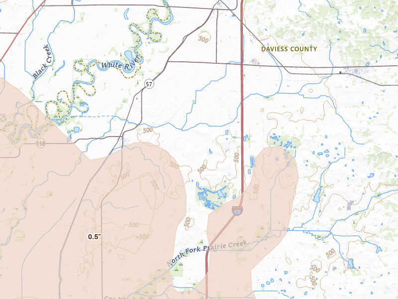 Radar-estimated hail-size map of the storm over Plainville, IN on Mar 22, 2026