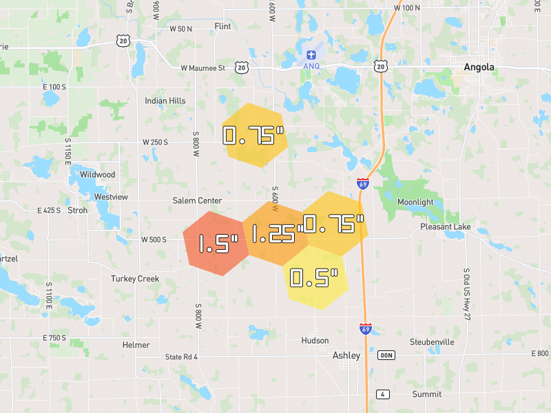 Hail map of Pleasant Lake, IN on Jul 3, 2026, hail up to 1.5"