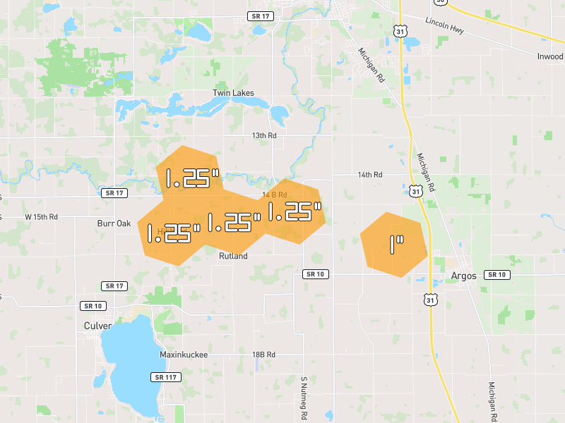 Hail map of Plymouth, IN on Jul 10, 2026, hail up to 1.25"
