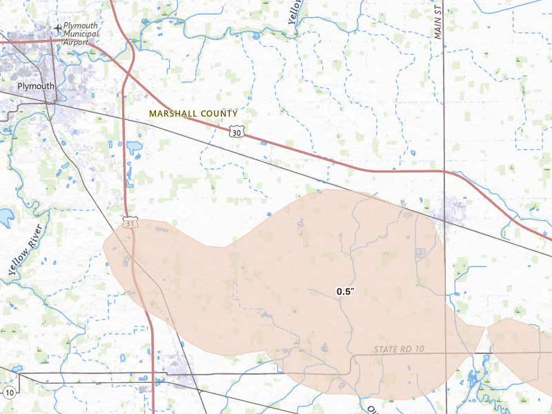 Radar-estimated hail-size map of the storm over Plymouth, IN on Aug 9, 2026